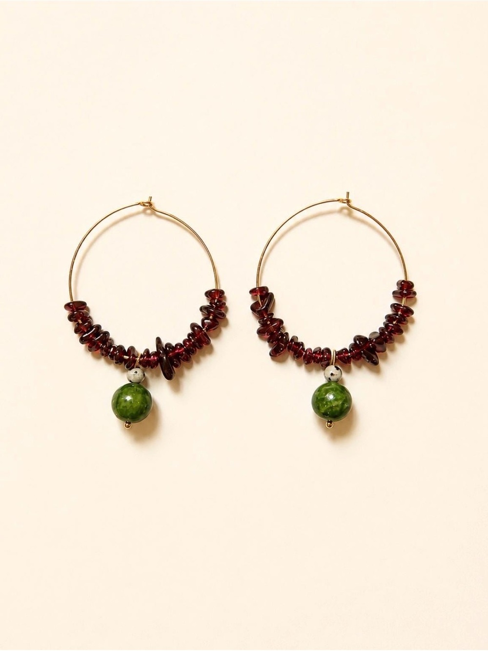 Gold Hoop Earrings with Garnet Chips and Green Jade Drop